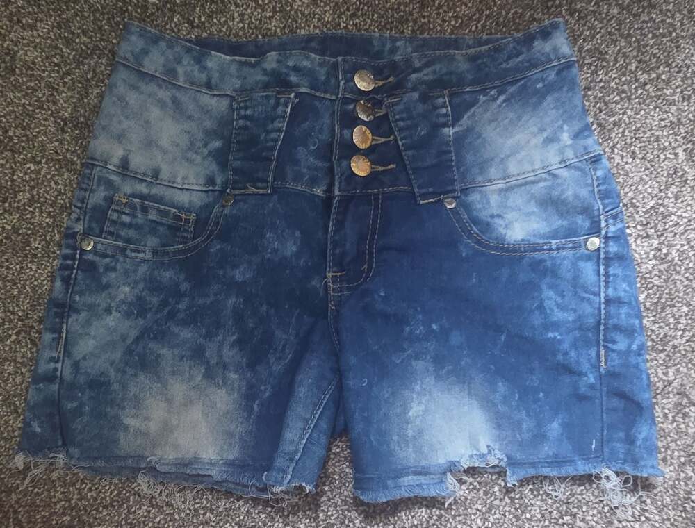 V.I.P. Jeans Acid Wash High Waisted Multi-Button Denim Shorts